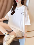 Korean Version Short Sleeve T-Shirt Women's Summer Wear Mid-Length Top Loose Fashion Inner Wear Base Layer Top - White