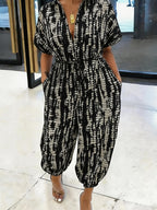 Summer Lapel Short-sleeve Printed Jumpsuit with Front Button Design, Comfortable to Wear, Elegant and Casual Overall for Women, Batwing Sleeve Design, Wide-leg Design with Front Tie, Suitable for Dates, Work, Vacations, Festivals, and Casual Wear - Mixed colors