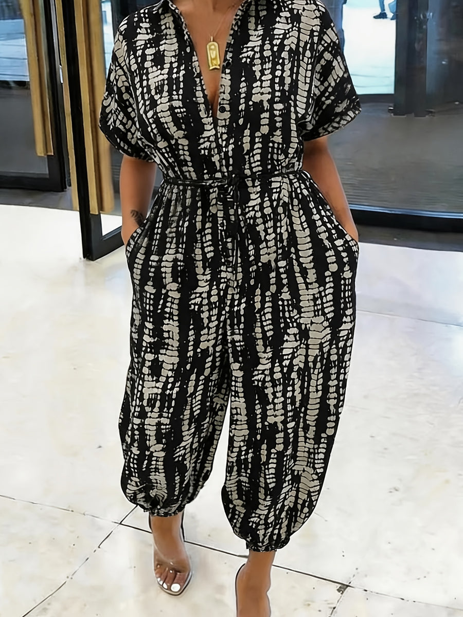 Summer Lapel Short-sleeve Printed Jumpsuit with Front Button Design, Comfortable to Wear, Elegant and Casual Overall for Women, Batwing Sleeve Design, Wide-leg Design with Front Tie, Suitable for Dates, Work, Vacations, Festivals, and Casual Wear - Mixed colors