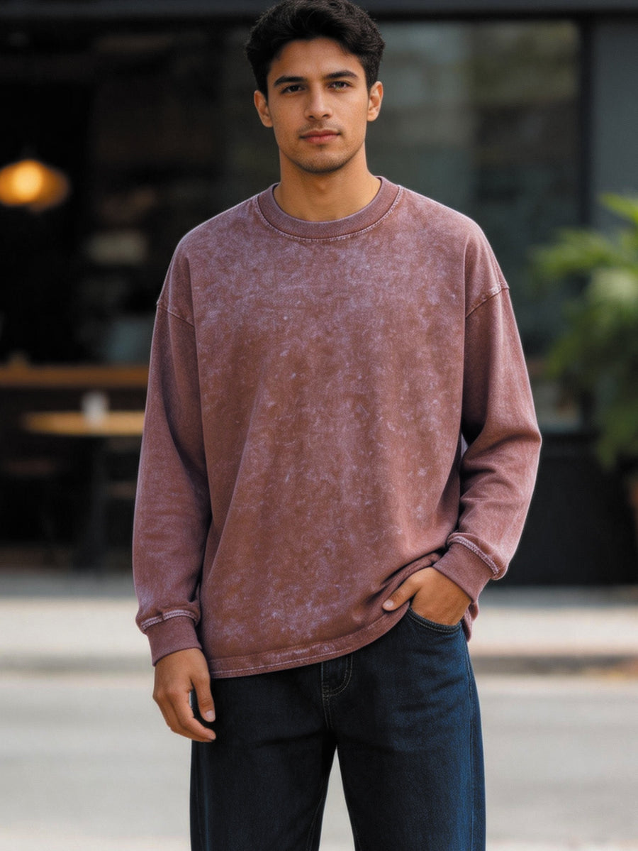 American Retro 3pcs Set Washed Distressed Pure Long Sleeve T-Shirt Loose Casual Unisex Round Neck Base Layer Spring Autumn Couple All-Match Multi-Color Long Sleeve Top - Black Khaki Army Green