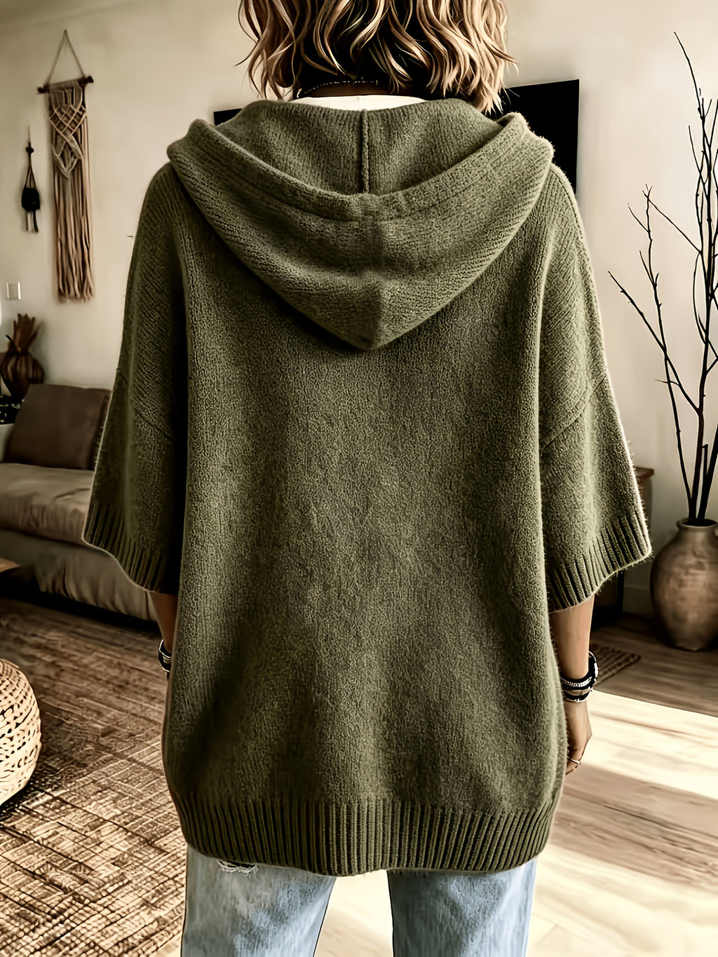 Women's Casual Hooded Drawstring Top Loose Off-Shoulder Wide 3/4 Sleeve Soft Sweatshirt Oversized Body-Covering Batwing Sleeve Pullover Ribbed Hem Solid Color Slouchy Hoodie - Olive Green