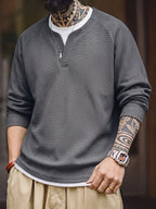 Men'S Long Sleeve Sweatshirt, Loose Fit, Waffle Fake Two-Piece Top, Spring/Autumn Casual Commute Wear, Men'S Casual Top, Men'S Gift, Spring/Autumn/Winter Holiday Wear, Ideal Gift Choice - Grey