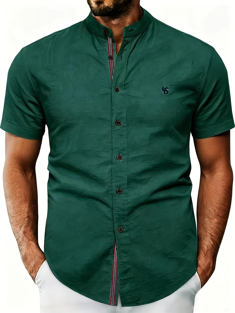 Men'S Stand-Up Collar Short Sleeve Shirt, High-Quality Solid Color Business Casual Top, Suitable for Spring Summer - Dark Green