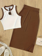 Women'S Sleeveless Vest And Slit Skirt Set - Coffee Color