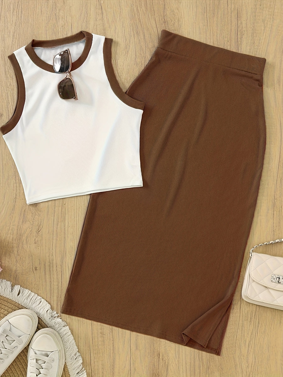 Women'S Sleeveless Vest And Slit Skirt Set - Coffee Color