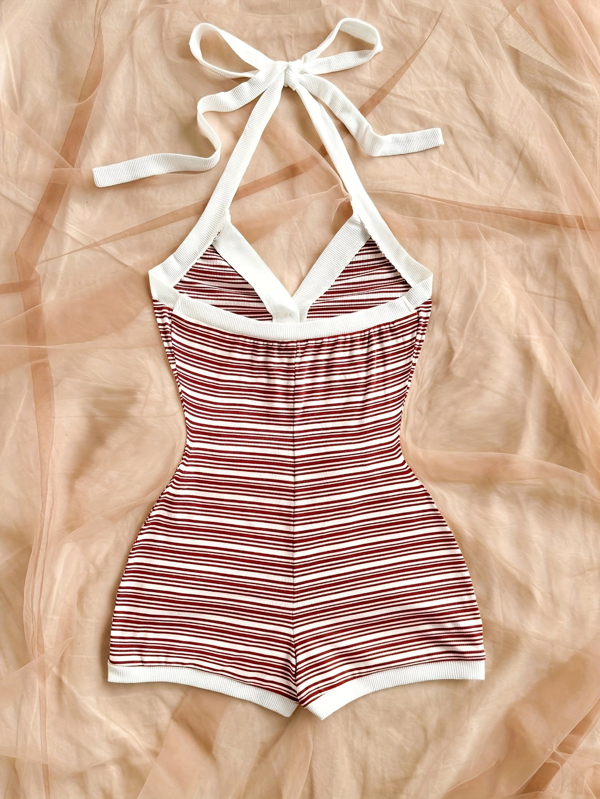Summer Limited Edition Vintage Red and White Striped Contrast Color Heart Metal Buckle Decorated Strappy Jumpsuit - Mixed colors