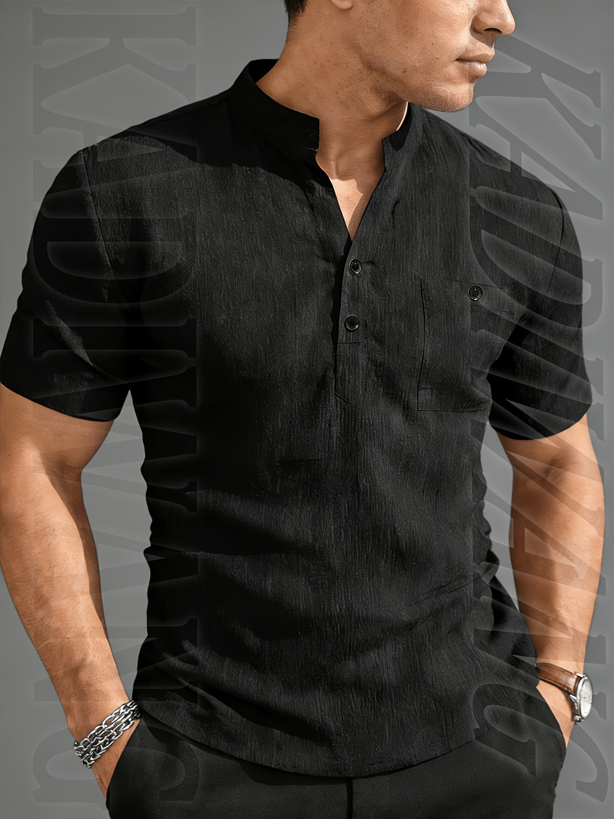 Henley Shirt Men's High-Quality Summer Short-Sleeve Henley T-Shirt - Men's Top, Old Money Style, Suitable for Golf Attire, Outdoor Camping, Fishing, and Daily Casual Wear - Black