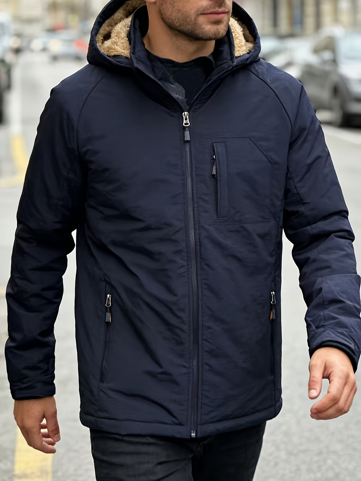 Men's Thick -Lined Casual Hooded Jacket - Dark Blue-1