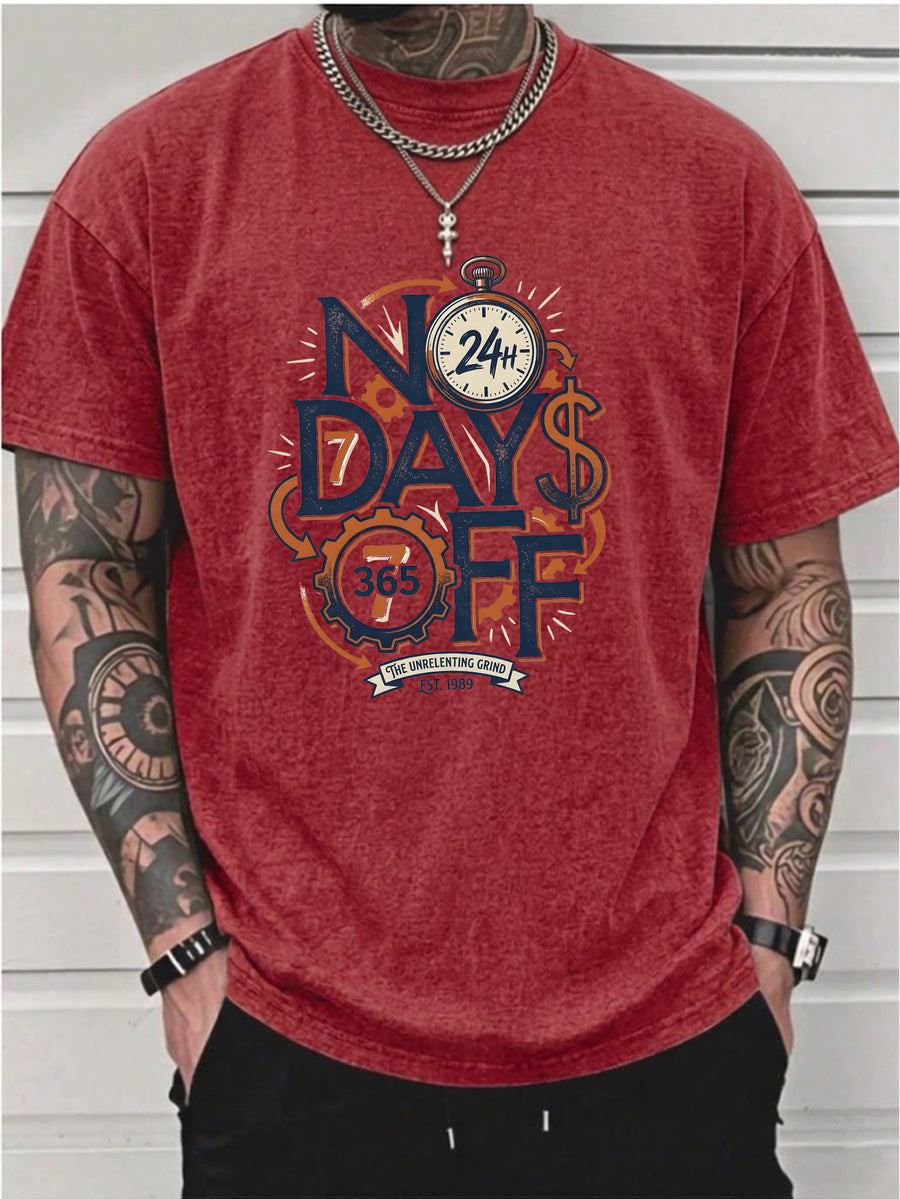 Men's Washed Short-sleeve T-shirt, Made of Pure Cotton for Breathability and Skin-friendly Comfort. Features a Relaxed Fit for Versatile Wear. Front Print with "NO DAYS OFF" Motivational Text and Gear Stopwatch Elements Exuding a Powerful Vibe - Red