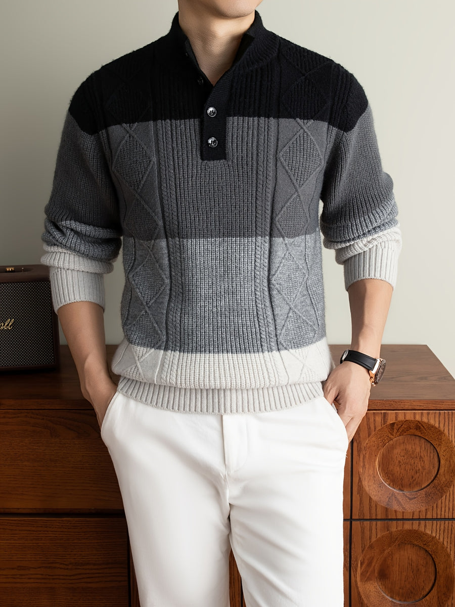[Whale-Crossing Lan OBM] 1pc Autumn/Winter New Thickened Men'S Knit Pullover Sweater, Old Money Style Color-Block Stand Collar Half-Button Long Sleeve Knit Pullover for Men, Business Casual Fashion Sweater Suitable for Spring, Autumn - Black