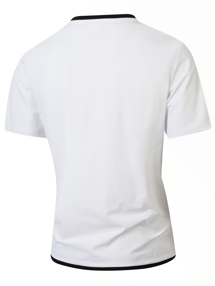 American-style Minimalist Color-Block White-Trimmed Henley Shirt for Men, Versatile Commuting Breathable Thin Short-Sleeve Base Layer Top, Summer Color-Block V-Neck Solid Color T-Shirt, Casual Short Sleeve - White
