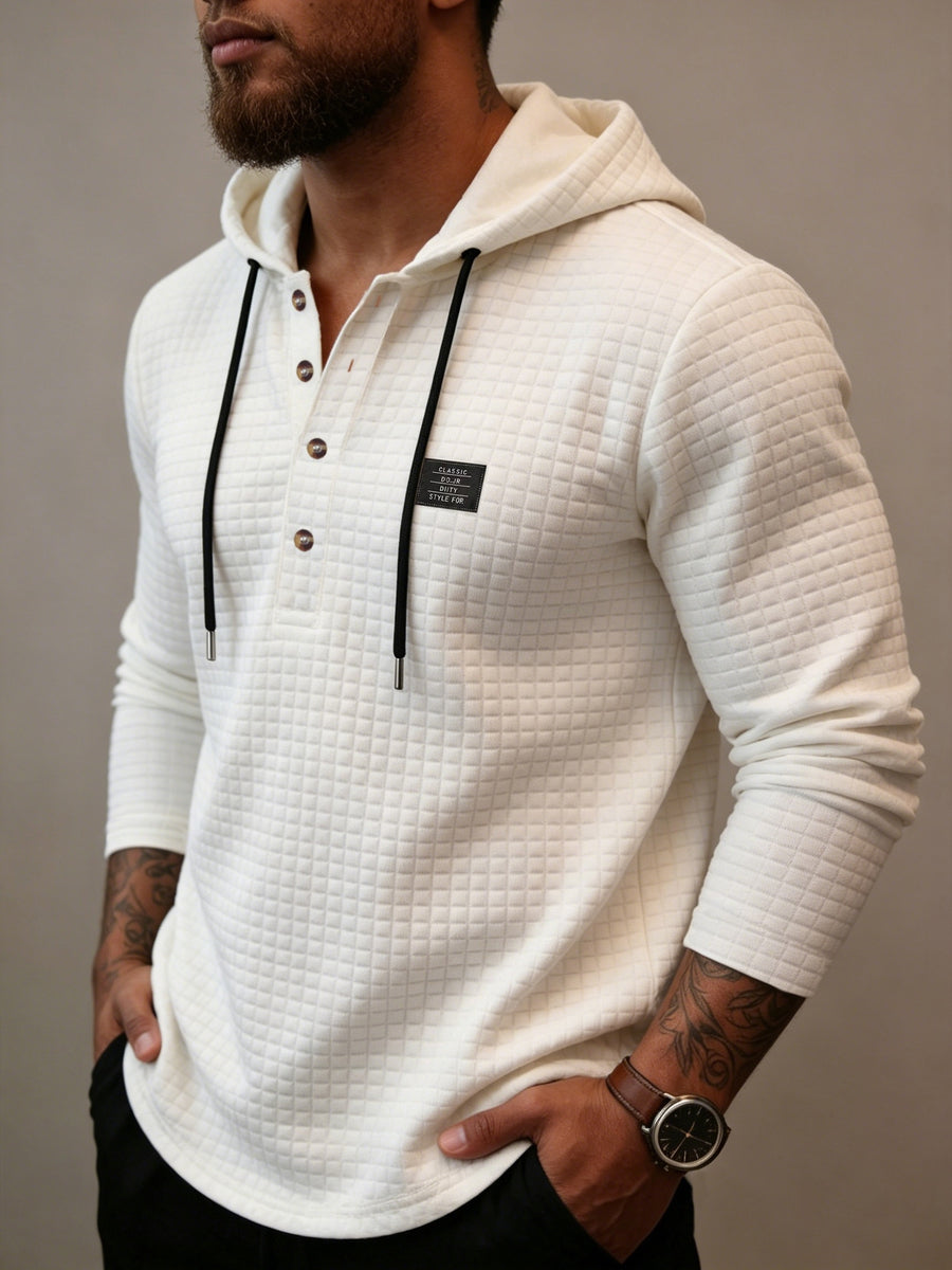 Men's Fashion Hoodie, Autumn/Winter Long-Sleeve Hooded Top, Niche Small Check Jacquard Comfortable Fabric, Solid Color Knit with Hood Craftsmanship, Stylish Men's Apparel, New Fabric Process Design, Suitable for Outdoor Leisure, Street Hiking Wear - White