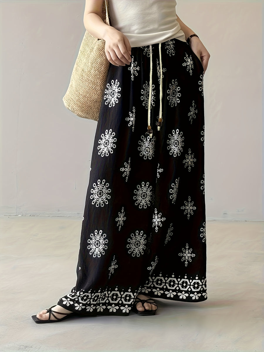 Bohemian Vintage Print Drawstring Wide-Leg Pants for Women, Summer Lightweight Straight-Leg Casual Trousers - Black