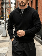 FORLENGKE Autumn/Winter New Arrival Men's Solid Color Long-Sleeve Button-Up Knit Sweater, Soft and Fine Knitted Fabric, Vintage Casual Style, Versatile Pullover for Daily Outings and Outerwear - Black