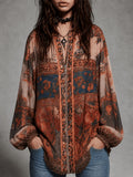 Boho Floral Zip-Up Cardigan Women Long Sleeve Chiffon Shirt Fall Winter Lantern Sleeve Loose Beach Cover Up - Mixed colors