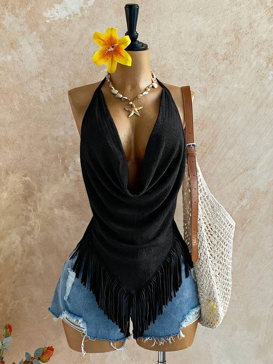 Cross-border Fashion Women's Summer Vacation Casual New Texture Sleeveless Top with Patchwork Fringe Trim and Swing Neckline, Bohemian Beach Style - Black