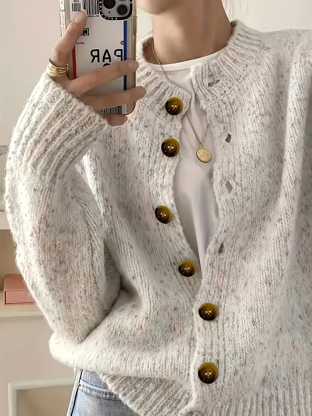 Women's Casual Colorful Button-front Cardigan with Soft Long Sleeves, Round Neck, Light-weight Fashion Candy-colored Dot Pattern, Casual and Elegant Garment | Stretch Fabric Cardigan Suitable for Casual Attire - Ivory White