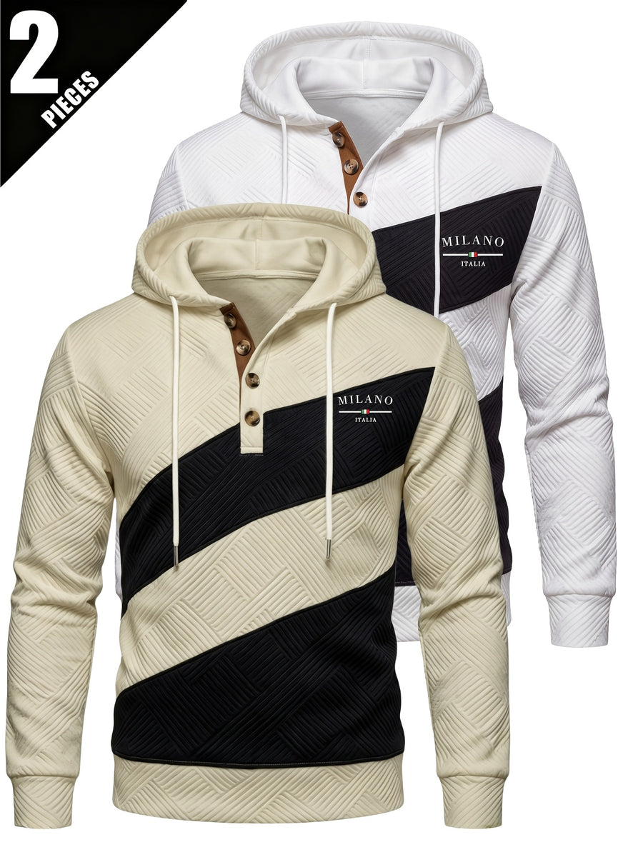 2pcs Men'S Patchwork Fashion Hoodie Set, Textured Color-Block Zipper Print Long Sleeve Hoodie, Regular Fit Street Casual Daily Outing - White+Khaki