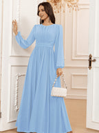 P373 French-Style Elegant, Dynamic, and Flowing A-Line Dress with Waist Cinching and Flared Hem, Suitable for Dates, Dinners, and Weddings, for Women and Bridesmaids - Bright Steel Blue