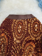 Summer High-End Print Long Dress Pleated Large Swing Skirt - Coffee Brown