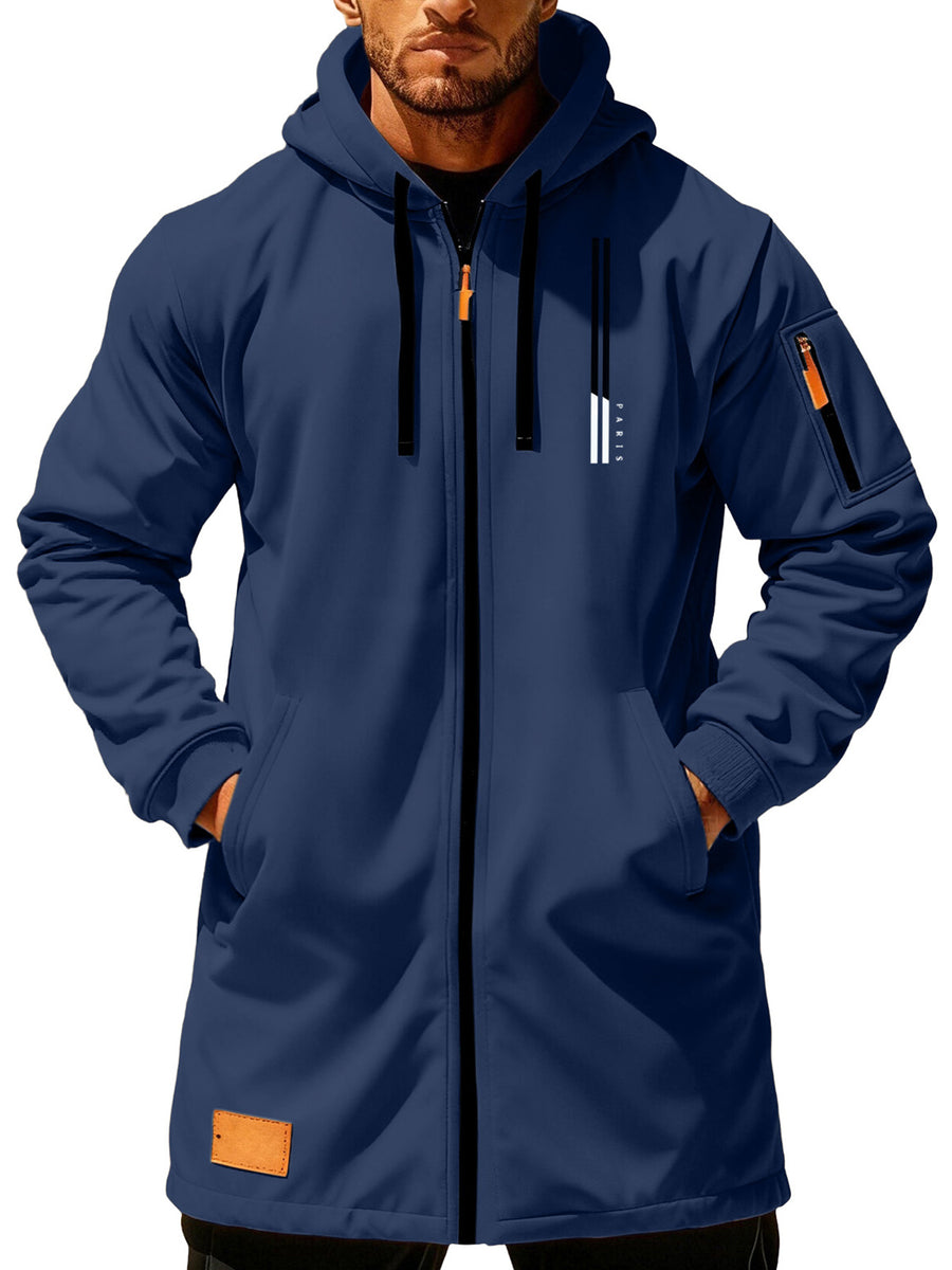 Men'S Casual Hooded Long Jacket PARIS Striped Logo Print Side Seam Zipper Detail Leather Decorative Label Drawstring Hat Collar Loose Daily Windproof Coat, Autumn Essentials - Navy Color