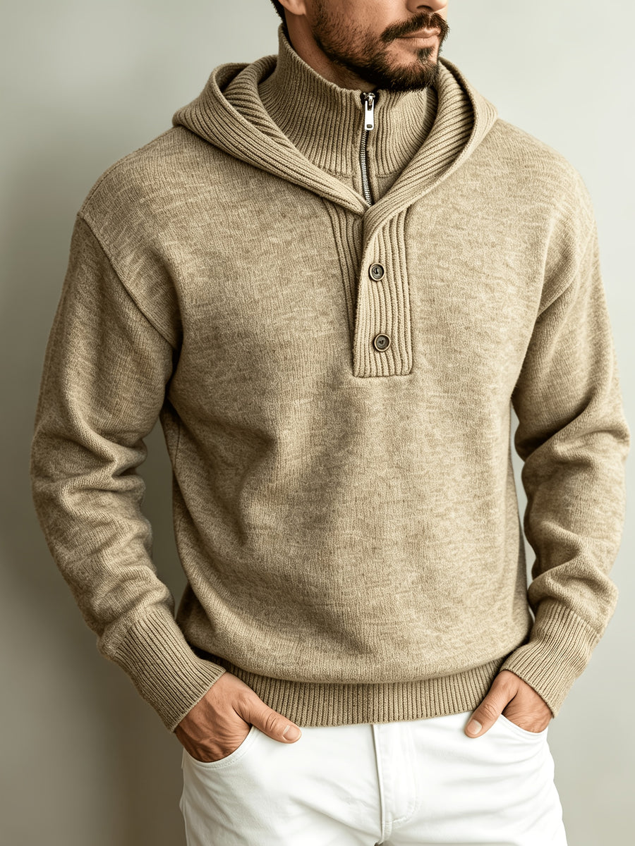 Autumn/Winter Men's 2-in-1 Look Hooded Knit Sweater, Half-Zip High Neck Design with Overlay Button Placket, Fine, Soft, and Skin-Friendly Fabric, Regular Fit for Slimming and Concealing. A Versatile Top for Casual and Daily Commutes, a Warm - Clip Flower Coffee