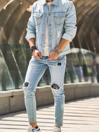 Men'S Denim Jacket Light-Colored Western Fashion Versatile Top Coat - Light Blue