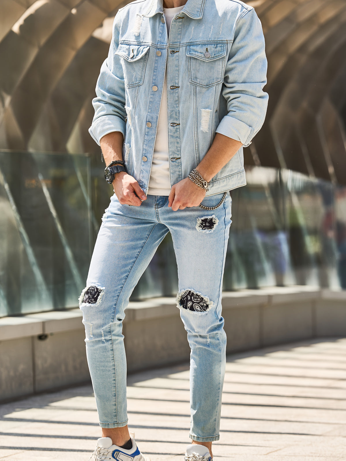 Men'S Denim Jacket Light-Colored Western Fashion Versatile Top Coat - Light Blue