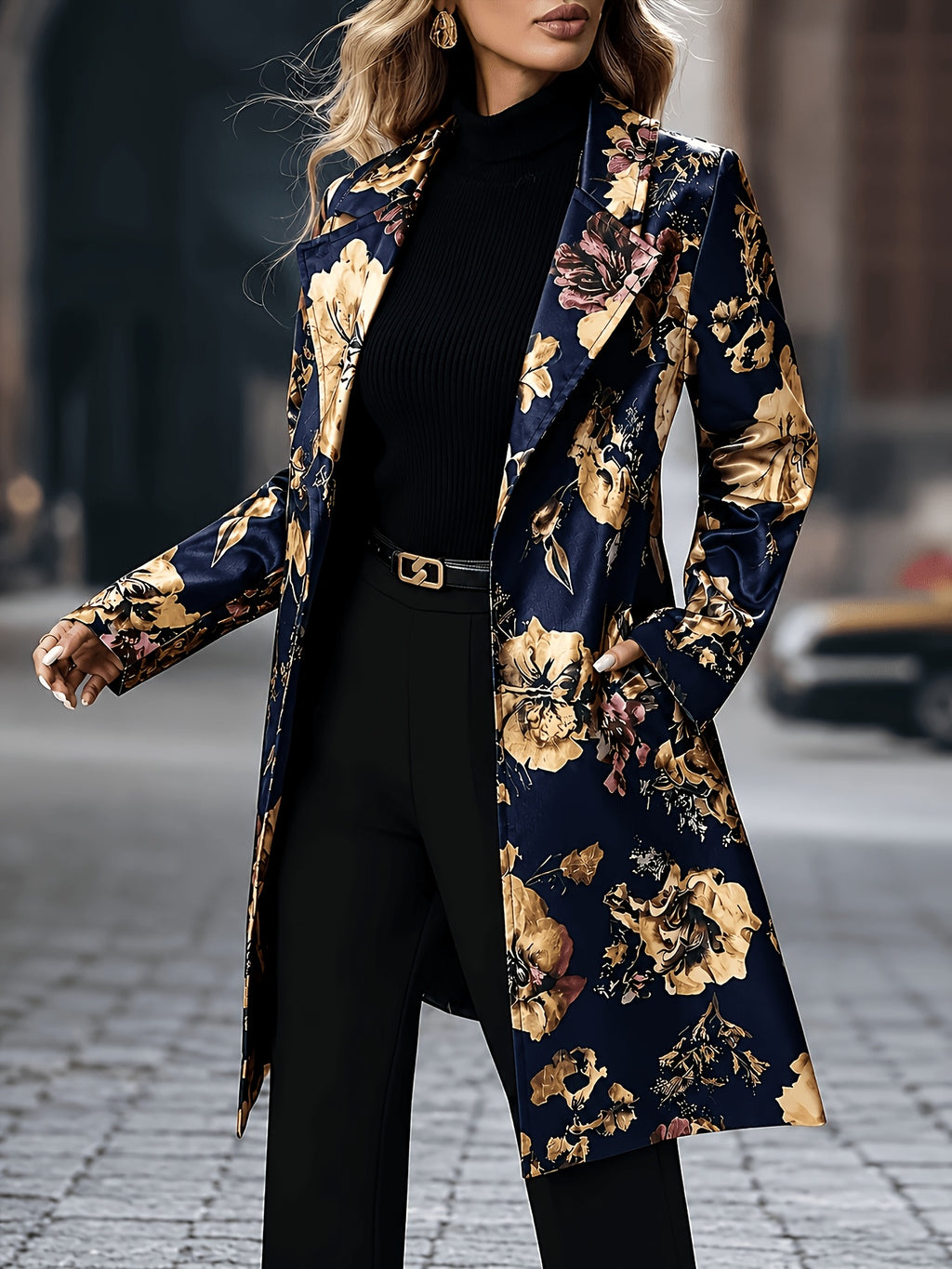 Women'S 2026 New Fashion Printed Blazer - Color-Block Versatile Long Coat with Lapel, Suitable for Casual Outings And Office Wear - Navy Color
