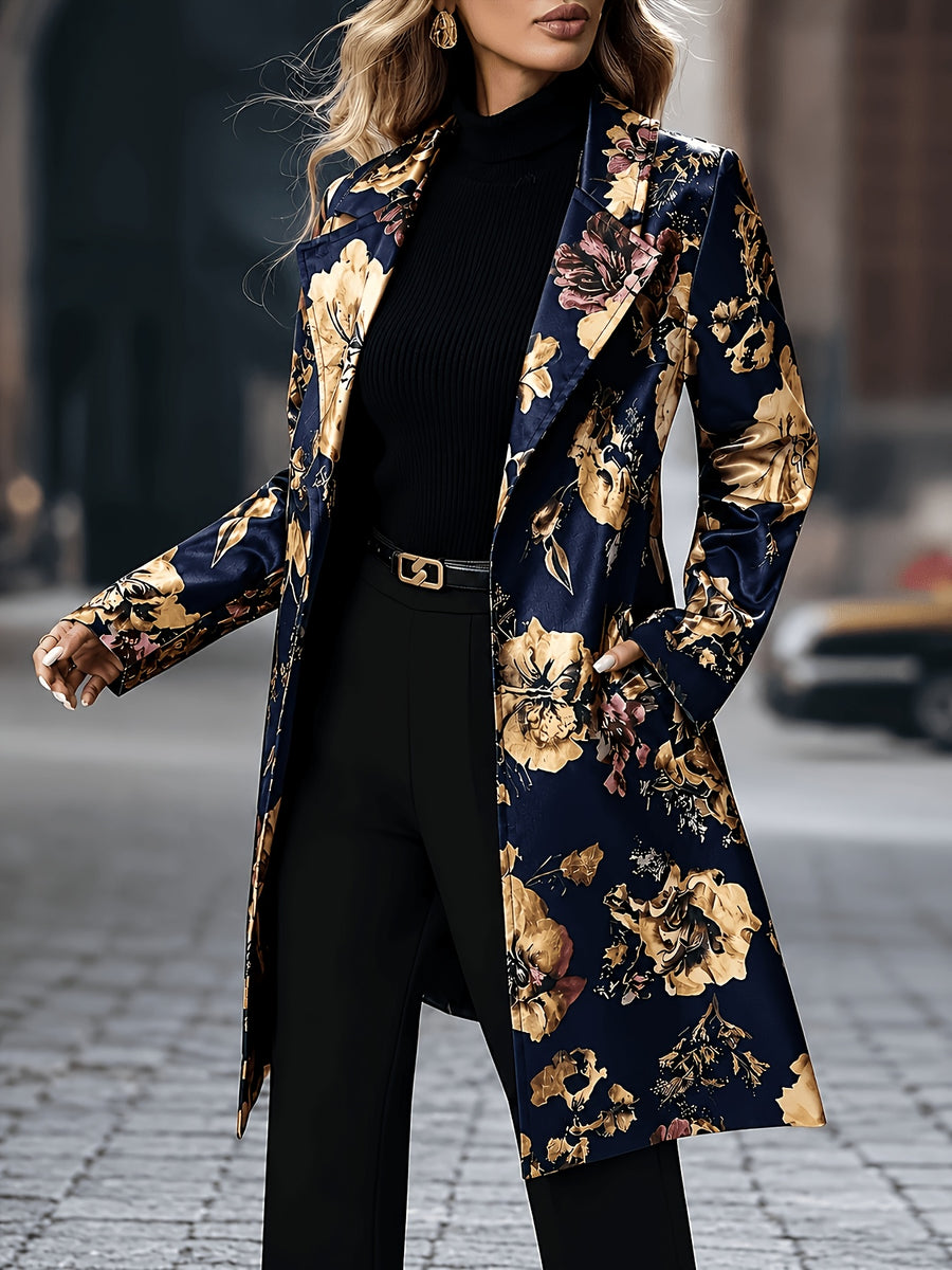 Women'S 2026 New Fashion Printed Blazer - Color-Block Versatile Long Coat with Lapel, Suitable for Casual Outings And Office Wear - Navy Color