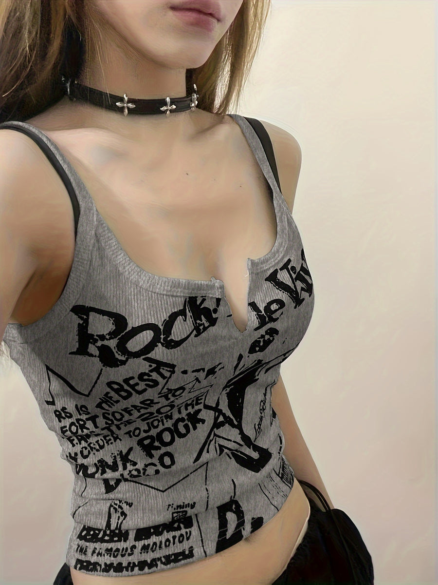 Women'S Summer Punk Print Crop Top with Stretchy Fabric, Perfect for Layering Or Wearing Alone - Grey