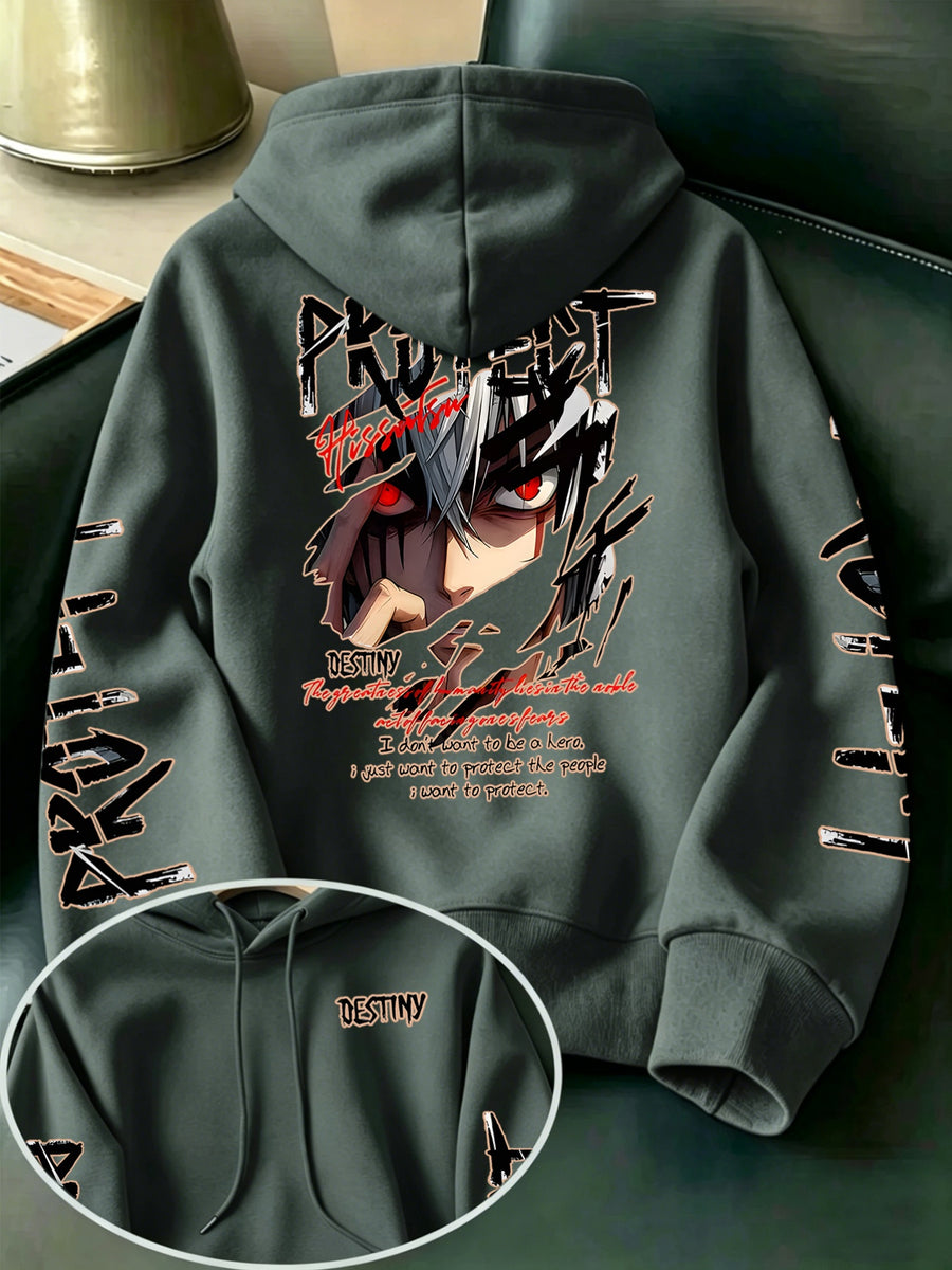 Limited-Time Special Offer: Single-pc Unisex Black Knitted Hooded Sweatshirt with Anime Boy Portrait Graffiti and English Print, Trendy Cool Anime-Style Loose Drop-Shoulder Hoodie for Spring/Autumn, Casual Wear for Outings and Gatherings - Gray Green