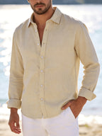Single Piece Loose and Comfortable Men's Long Sleeved Shirt, with a Simple and Versatile Solid Color Style, Button Opening and Closing Design, Suitable for Casual Daily Wear. - Khaki
