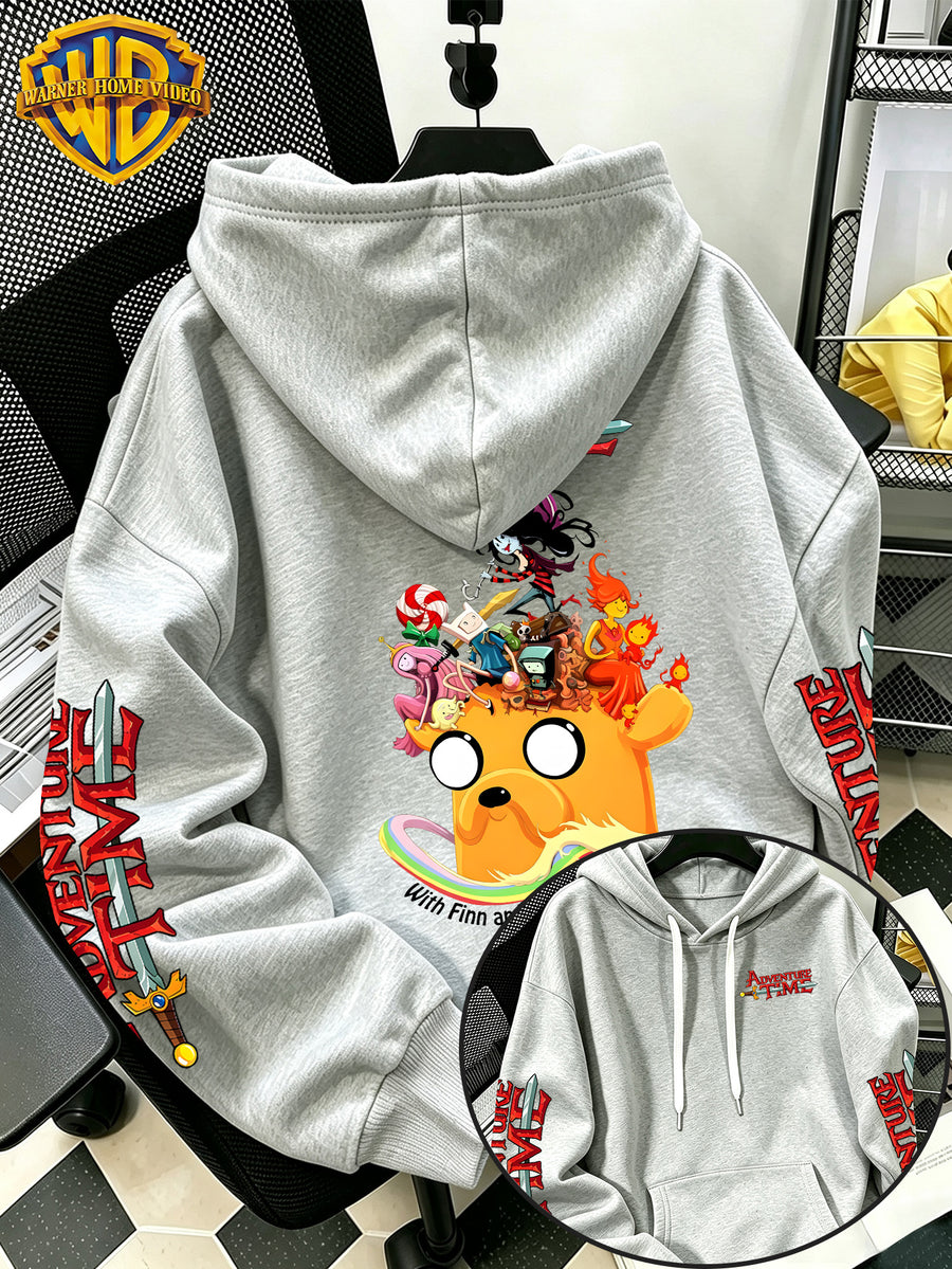 Warner Bros. Men's New Trendy Hoodie with Adventure Time Jake's Head Crowd Cartoon Graphic Print, Casual Hooded Sweatshirt, Daily Drawstring Loose Pullover Top, Machine Washable Versatile Sporty Casual Men's Top - Light Grey