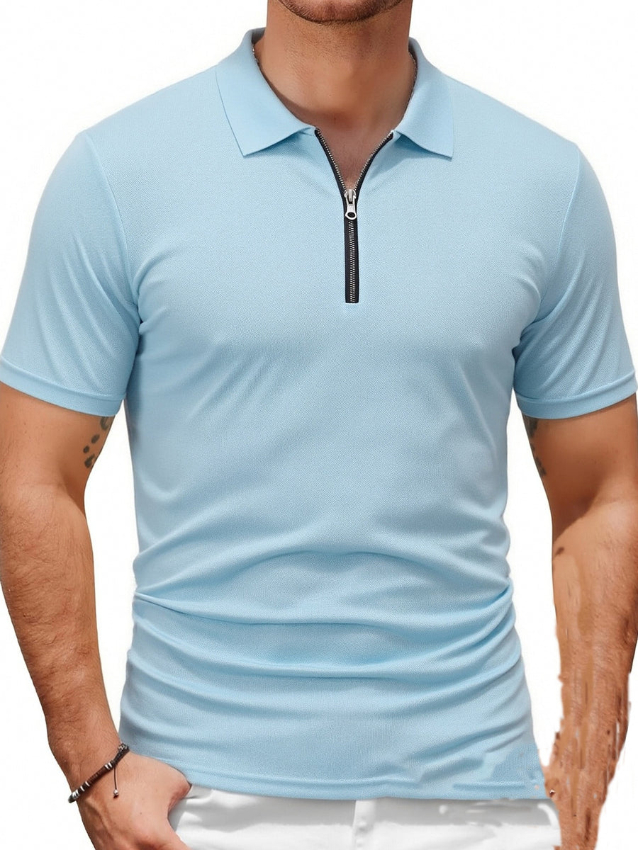Three-pc Men's Sporty Outdoor Casual Lapel Solid Color Breathable Polo Shirts for High-End Occasions - Light Blue Three-Piece Set