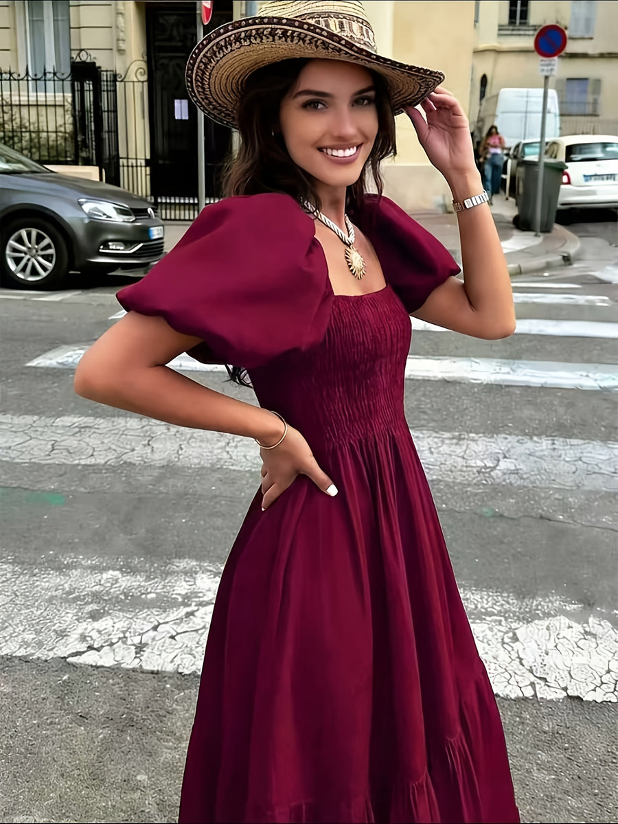 Women's Elegant Square Neck Puff Short-Sleeve Bridesmaid Dress - Shirred High-Waisted Waist-Cinching A-Line Midi Dress with Layered Hem, Suitable for Wedding Guest Dresses, Parties, Daily Wear & Vacation Outfits - Burgundy