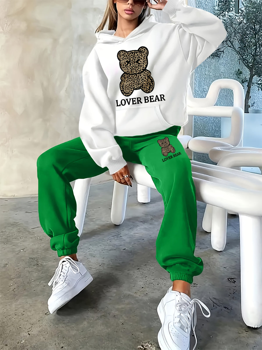 2025 Autumn/Winter New Arrival, LOVER BEAR, Women's Casual Letter Print Loose Warm Long Sleeve Hooded Sweatshirt + Elastic Waist Drawstring Pants Two-Piece Set - White Green