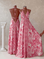 Women'S Summer Vacation Style Printed Backless Drawstring Dress, Perfect for Parties, Birthdays, And Dates - Red