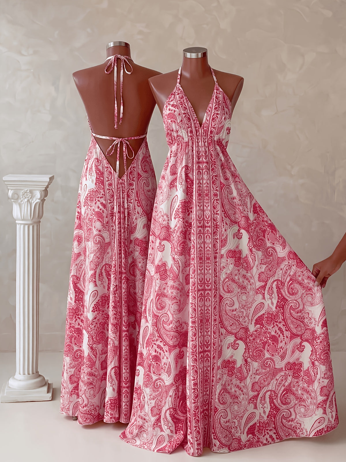 Women'S Summer Vacation Style Printed Backless Drawstring Dress, Perfect for Parties, Birthdays, And Dates - Red