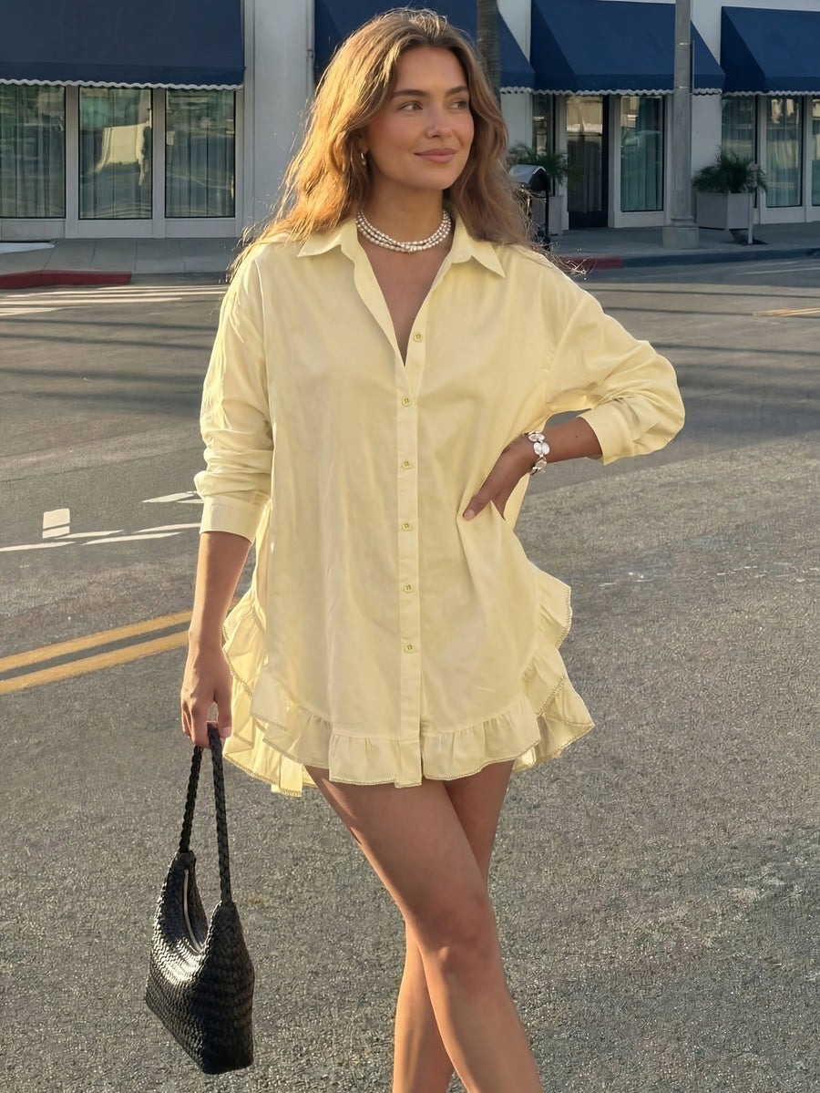 Casual Solid-color Ruffle-trimmed Top, Spring/summer Style - Yellow