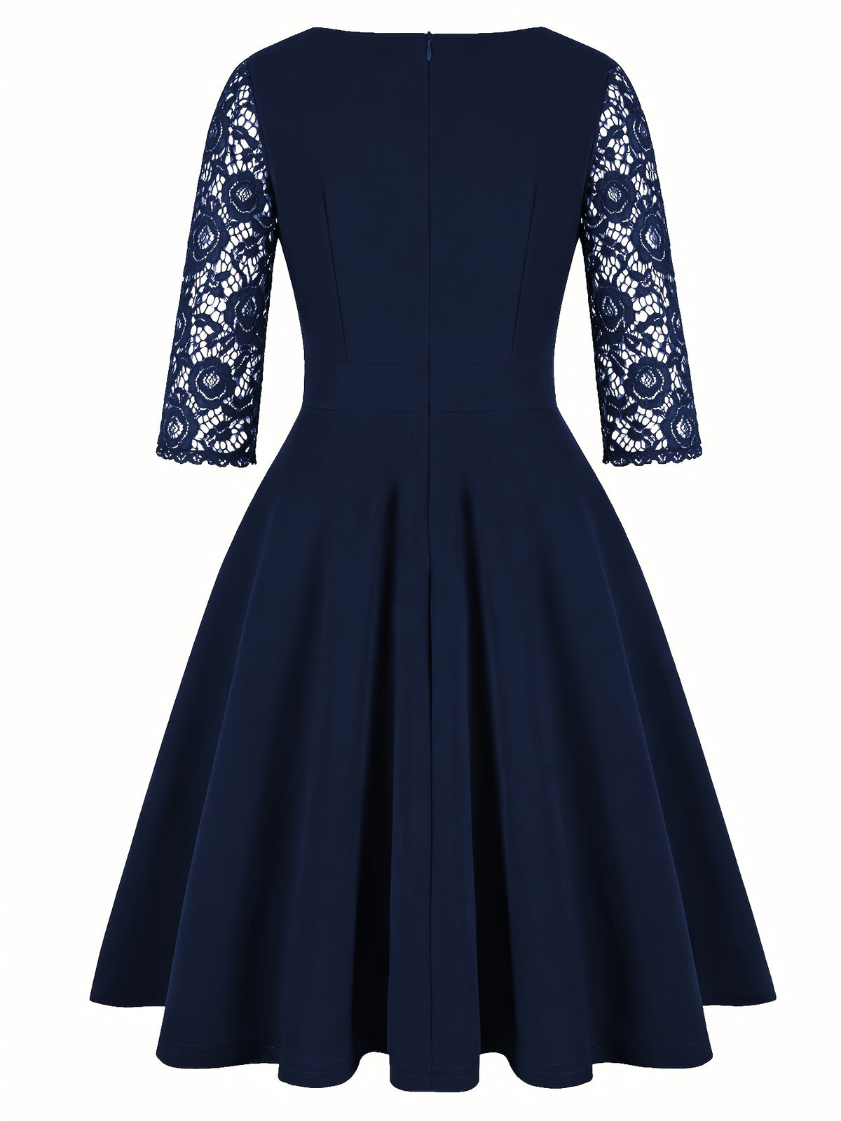 Women'S Fashion Vintage Square Neck Floral Lace Party Swing Dress - Navy Color