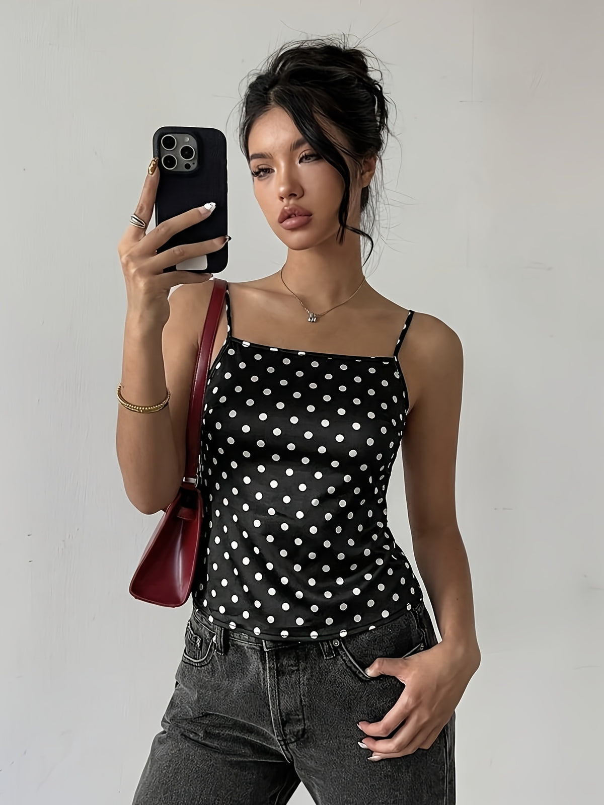 European And American Style Hot Polka Dot Backless Halter Top, Black And White Polka Dot Square Neck Halter Top, Slim Fit Lace-Up Tie-Up Waist-Cinching, Pure Desire Design Sense Outer Wear Vest, Suitable for Dating, Parties, Gatherings, Beach Dress - Black
