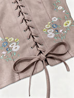 Women's Bohemian Brown & Floral/Leaf//Star/Bird/Bee/Bubblegum/Heart/Starfish/Lace-like Threading Embellished Square Neck Lace-like Top - Short Sleeve Lacing-Front Closure Boho-Chic Blouse for Music Festivals & Parties ( - Pink