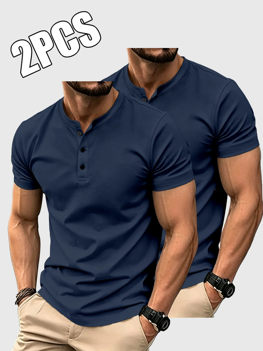 2pcs Set of Men'S Solid Color T-Shirts, Summer Classic Henley Shirts, Suitable for Casual Wear - Navy Color