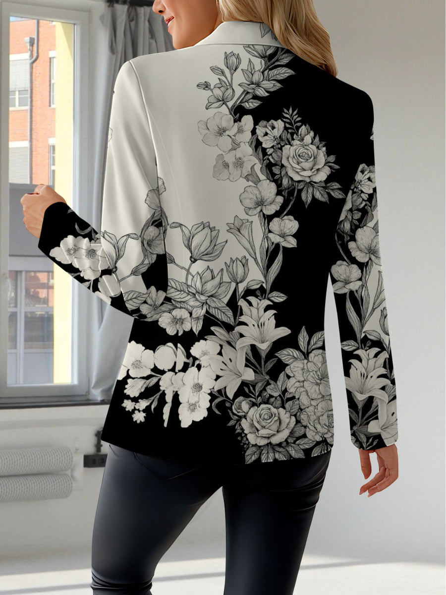Autumn Women'S Fashion, Outdoor Travel, Personalized Clothing, Exquisite Patterns, Women'S Tops, Plant Plaid Stripes Geometric Pattern Prints, Exquisite Women'S Suit Jackets - Black And White Flowers