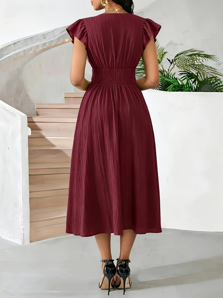 New Spring/Summer Women's Flutter Sleeve V-Neck Casual Midi Dress, a Stylish and Elegant Summer Vacation Outfit - Burgundy