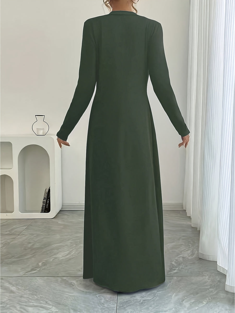 New Spring/Autumn Women's European and American Style Daily Solid Color Long Button-Up Cardigan, Long Sleeve, Slim Fit, Casual Commuter Outerwear - Olive Green