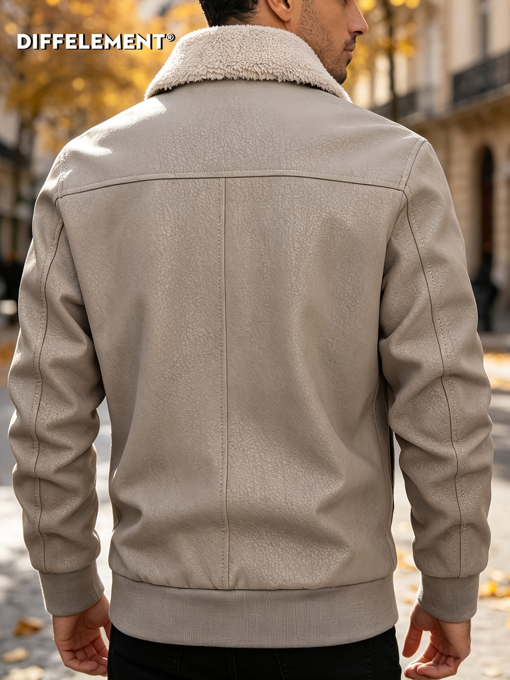 Men'S Plush Collar Distressed Flight Jacket, Thickened Warm Lining Vintage Texture Fabric Zipper Pockets Shield Badge Slim Short Style Fall Winter Riding Commute American Casual Windproof Durable Coat - Off-white