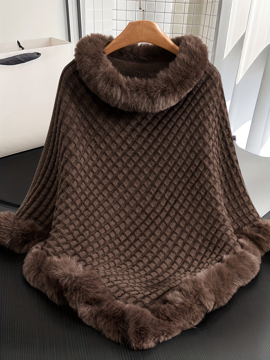 Elegant Special Edition "Pure Body Bust" - 1pc Elegant Women's Solid Color Waffle Shawl Pullover, 100% Polyester Fiber, Faux Trim Collar Patchwork, Stylish and Elegant European/American Style Warm Pullover, Suitable for Autumn/Winter - Coffee Color