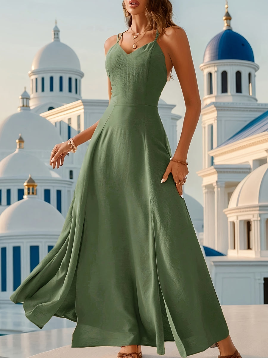 Solid Color High Slit Cross Suspender Dress LL169 - fern green